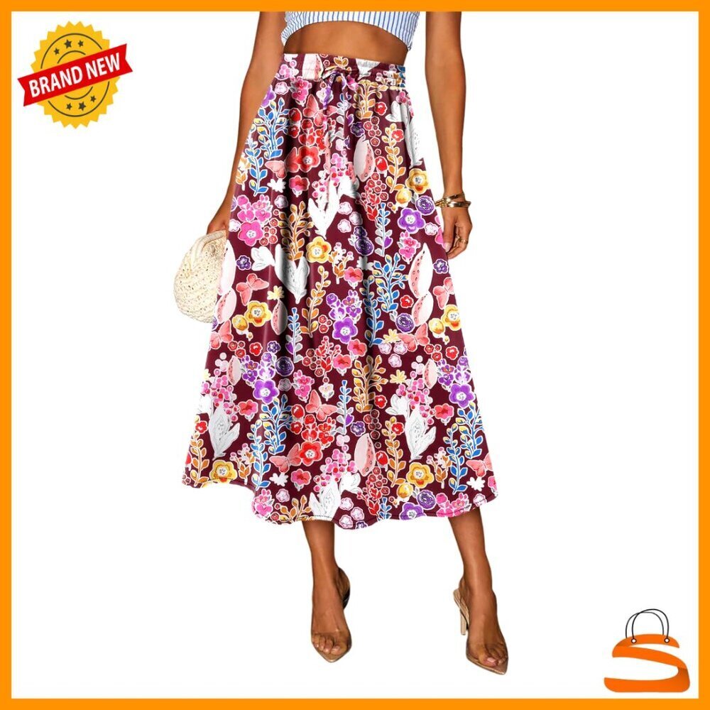 Women's Print Midi Skirt with Pocket Elastic High Waist A-Line Swing